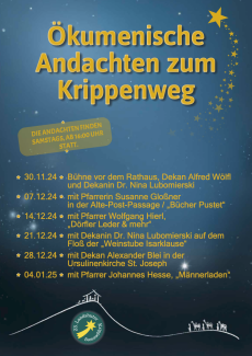Plakate mit Informationen zu den ökumenischen Andachten zum Landshuter Krippenweg, ab dem 30.11. jeden Samstag um 16 Uhr