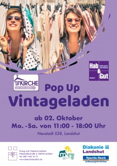 Flyer: Pop-Up Vintageladen ab 2. Oktober Mo-Sa 11:00-18:00 in der Neustadt 528. Logos: Hab und Gut, Pop-Up-Kirche, Dekanat, Diakonie, Sparda-Bank, MUT